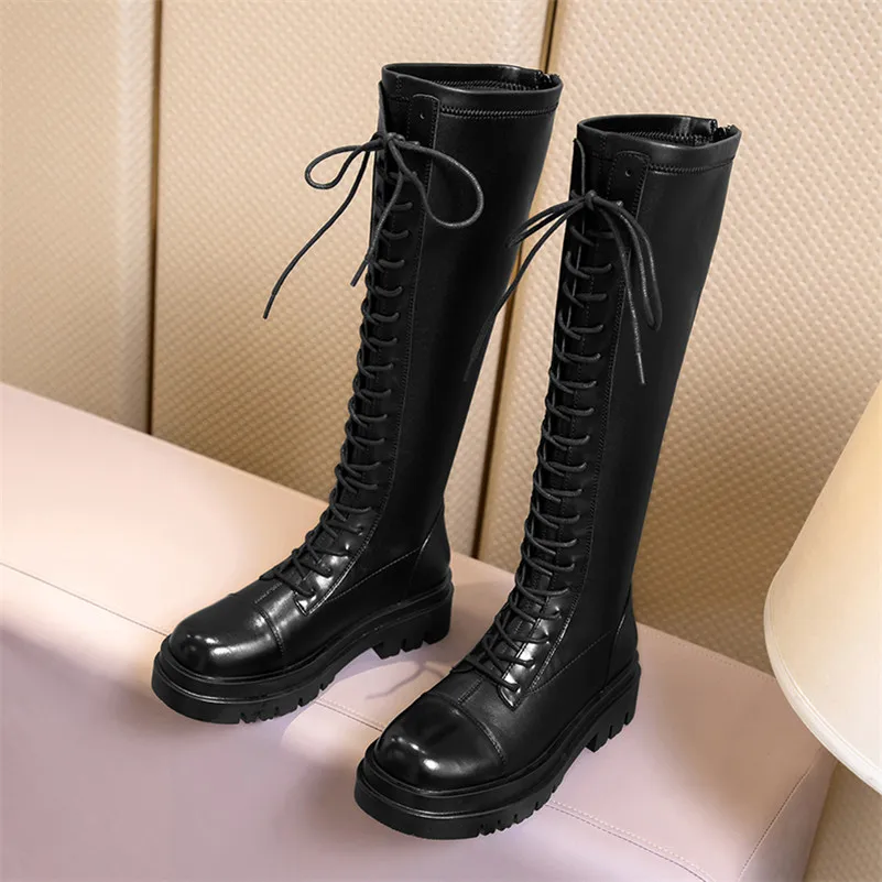 

ANNYMOLI Motorcycle Boots Women Shoes Zipper Platform High Heel Knee High Boots Cross Tied Thick Heels Long Boots Ladies Winter