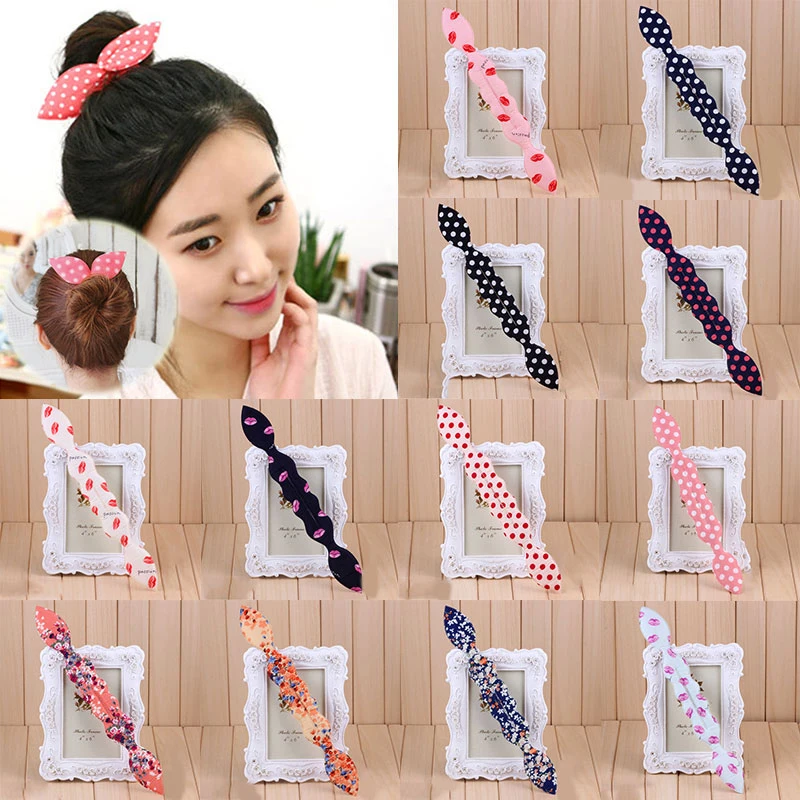 

Furling Girl 1PC Floral Dots Lips Style Bunny Ears Magic DIY Sponge Hair Styling Bun Maker Twist Curler Tool Hair Accessory