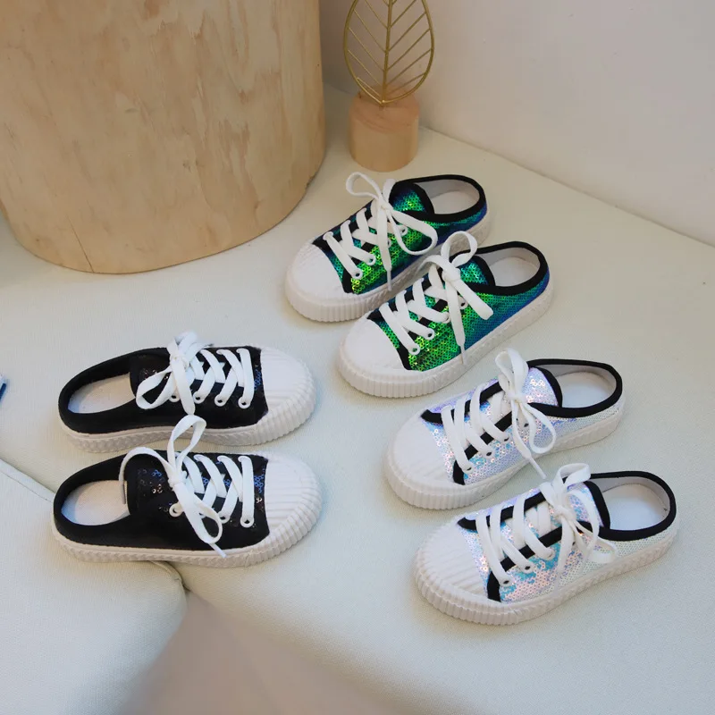 CUZULLAA Children Sequin Sneakers for Boys Girls Lace Up Glitter Fashion Shoes Kids Canvas Soft Bottom Flats Spring Autumn | Детская