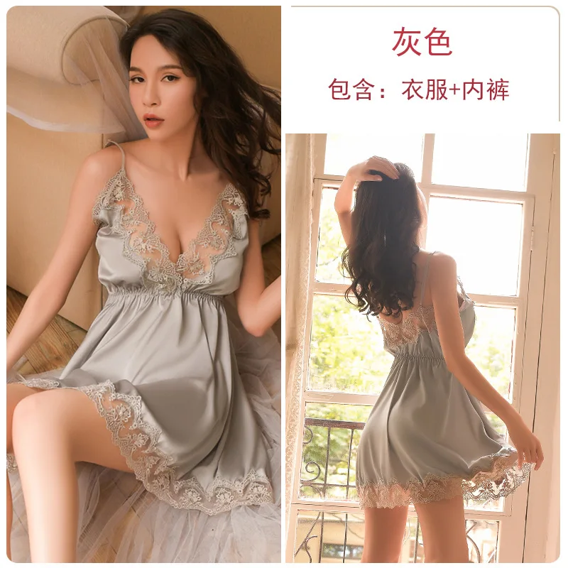 

Silk Robe Sleep Suit Womens Lace Satin Pajamas Gown Set V-Neck Cami Nighties Wear Pijama Home Nightwear Spring Nightdress