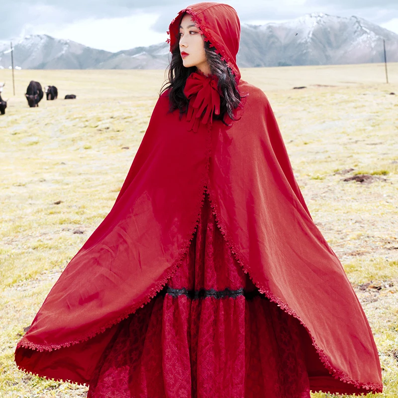 

2019 popular autumn and winter red cloak shawl windbreaker female long section retro loose temperament two-piece