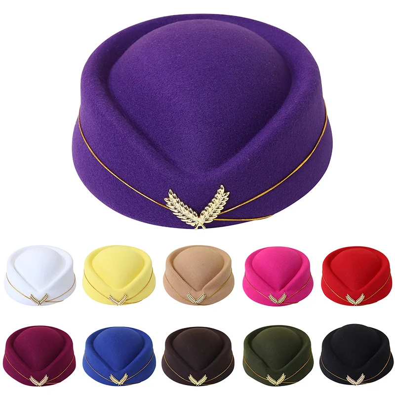 

Women Imitation Wool Felt Cap Ladies Pillbox Hats with Gold Insignia Solid Beret Stewardess Air Hostesses Hat Base Sweet Fedoras