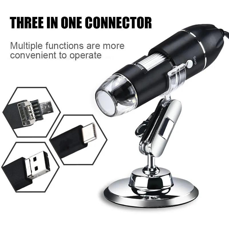 

Adjustable 1600X Digital Microscope Electronic Camera Endoscope 3 In 1 8 LED Magnifier Magnification With Stand For PC Tools