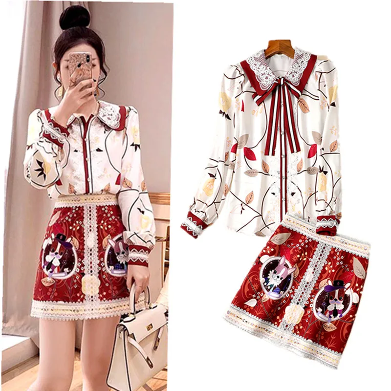 

New Women Spring Runway Retro Bows Lace Shirts Long Sleeve Blouse And Cute Patchwork Skirts Suit Party Clothing Sets NS679