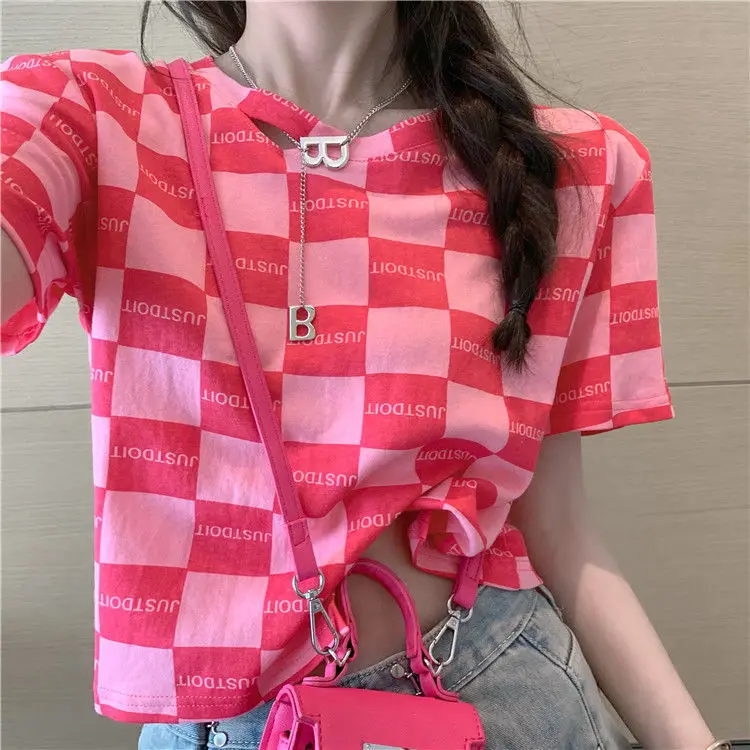 

2021 summer new high waist short open navel top sexy short sleeve t-shirt female Korean perforated Plaid letter crew neck