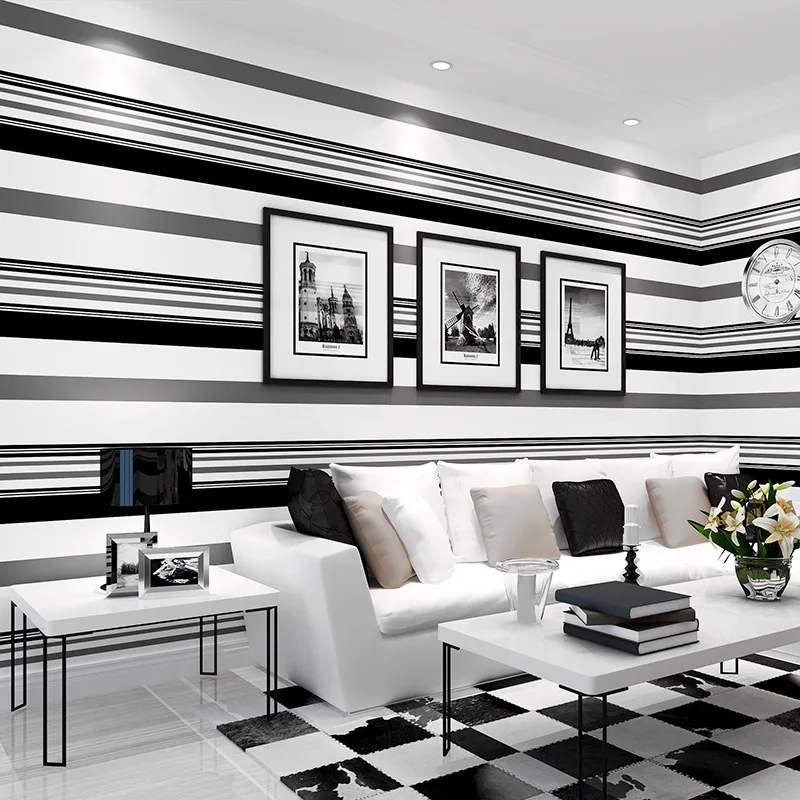

TV background wall paper film living room modern minimalist non-woven stylish black and white gray striped