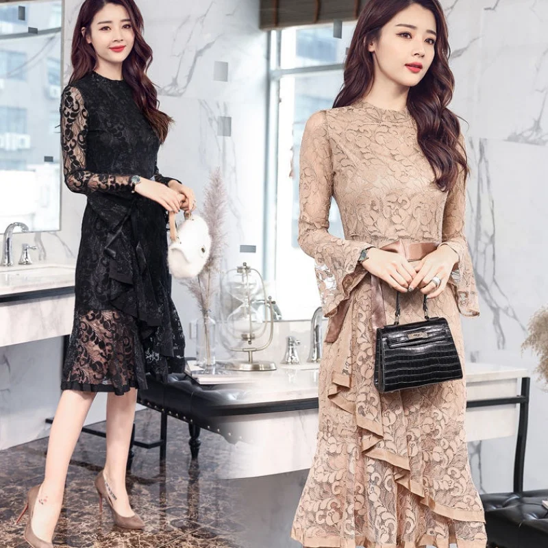 

С поясом, новые весенние дизайнерские женские красивые элегантные платья, кружевные оборки, черные вечерние Расклешенные платья с длинным ...