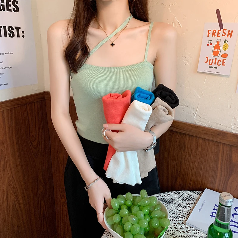 

Summer Fashion Sleeveless Sweater for Women Knitted Camisole Vest with Oblique Shoulder Strap Elegant Female Solid Woman Tops