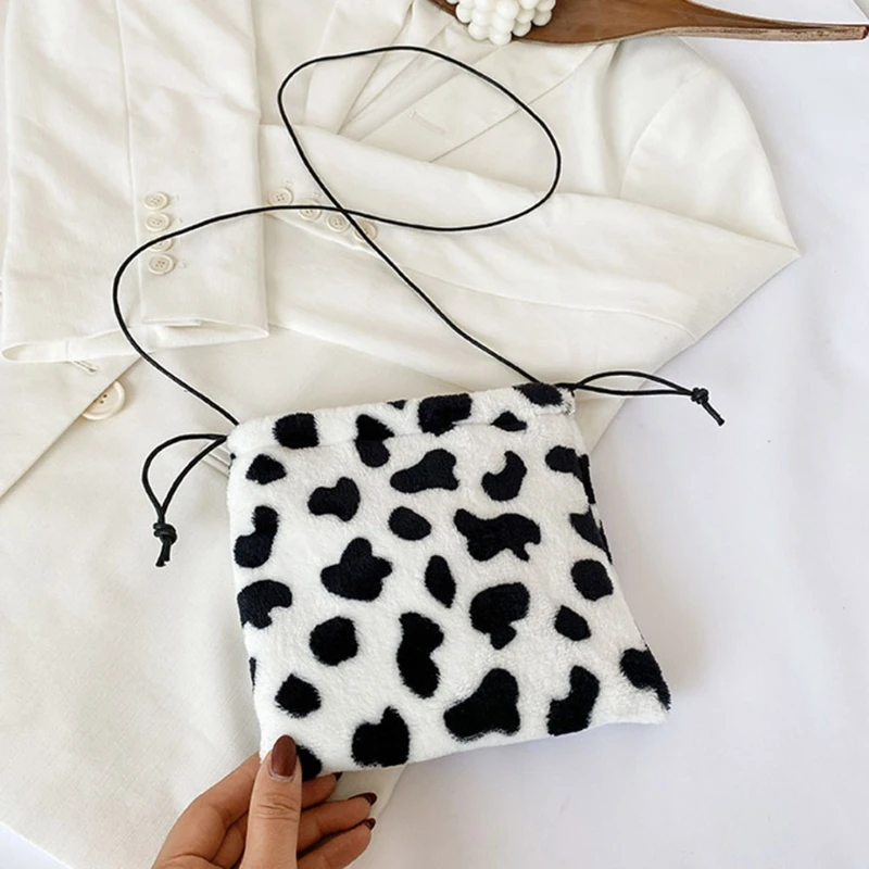 

Women Girl Drawstring Shoulder Small Pouch Fashion Exquisite Shopping Bag Mini Cow Milk Printed Plush Crossbody Bags