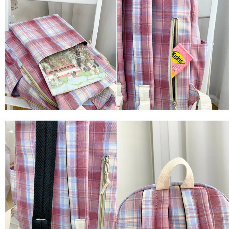 Large Pink Schoolbags for Girl Teens Fashion Patchwork Plaid Nylon Backpack Women Book Bags 2021 New |