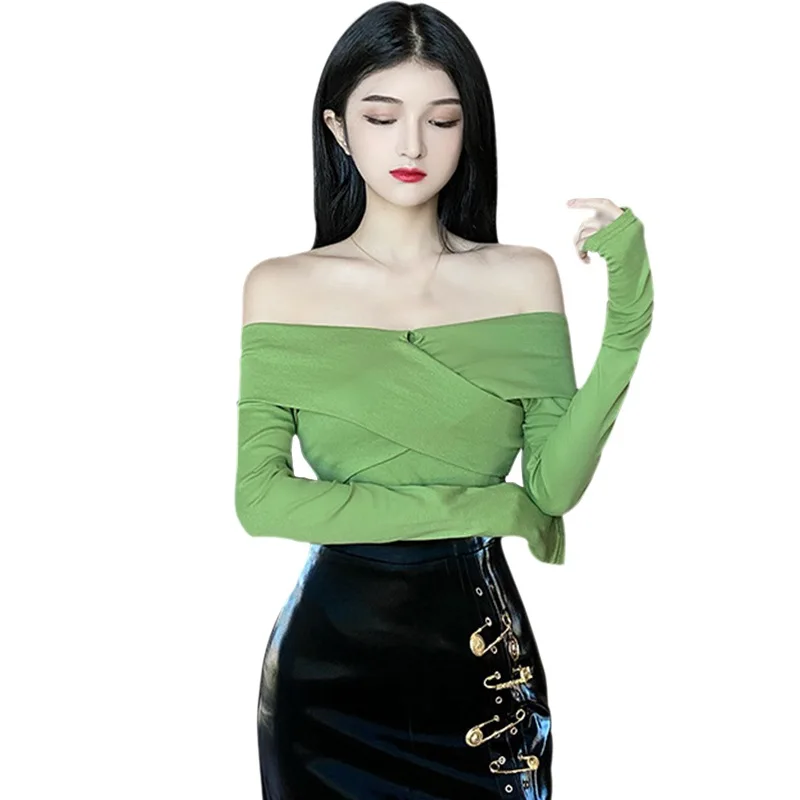 Футболка женская с открытыми плечами пикантный облегающий топ в Корейском стиле