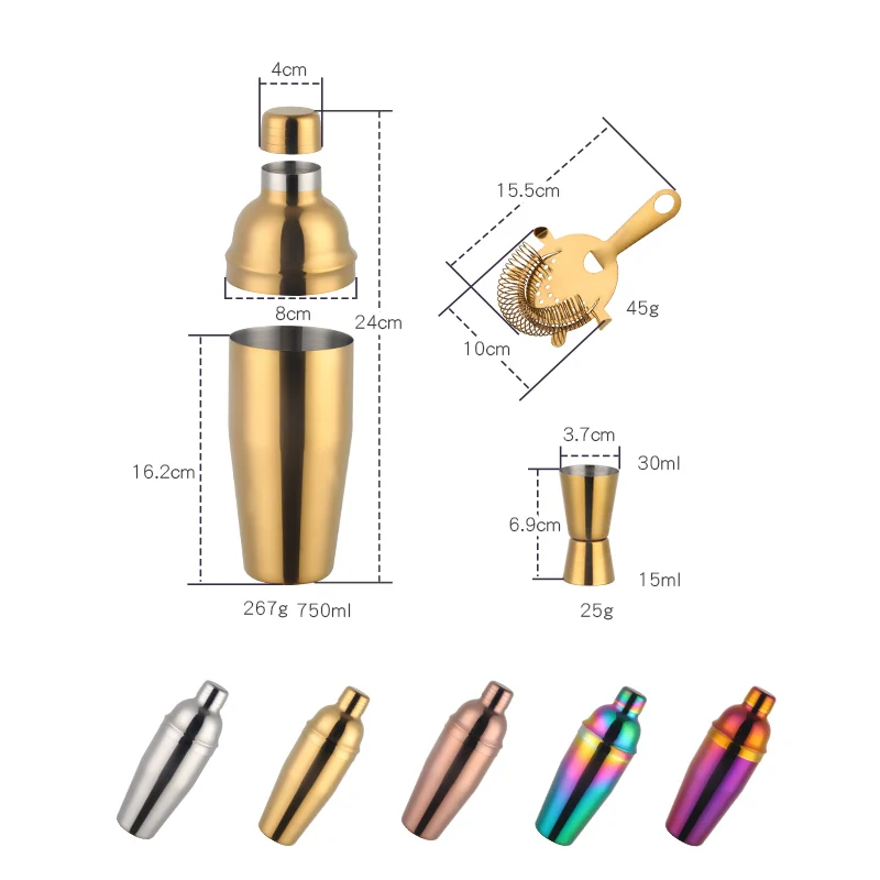 

3PCS Stainless Steel Rainbow Boston Cocktail Set 750ml Cocktail Shaker Set with Strainer Measure Cup Bartender Kit Bar Tool Set
