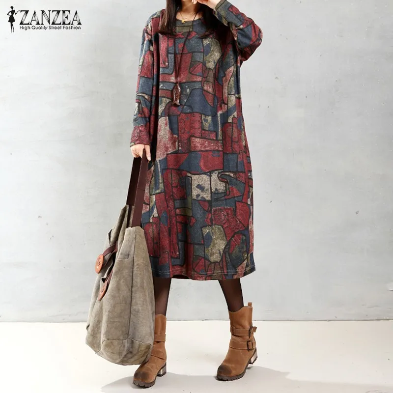

ZANZEA Women Vintage Floral Printed Dresses 2022 Autumn Elegant Casual Loose Long Sleeve O Neck Mid-calf Dress Vestido
