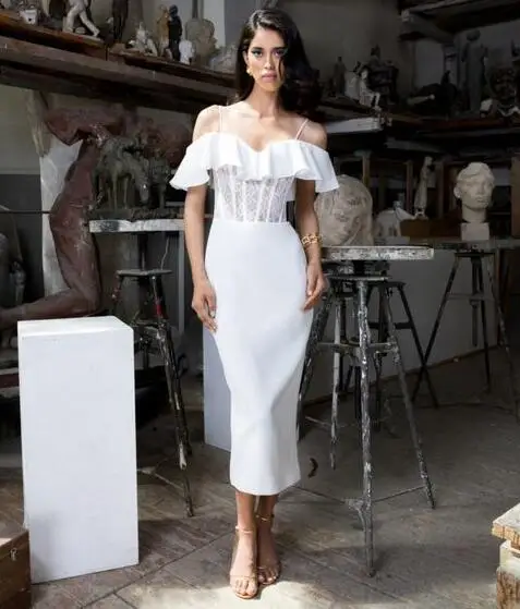 Женское осеннее сексуальное кружевное Белое Облегающее Бандажное платье миди с