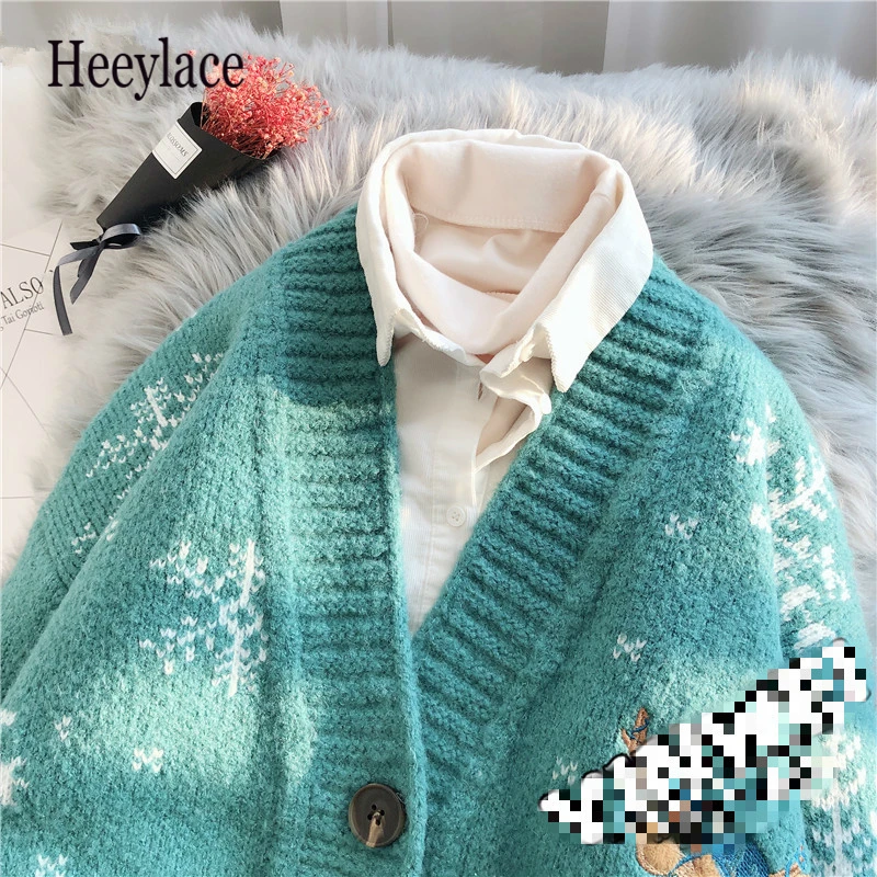 

Sweet Fresh Snowflake Deer Pattern Sweater Women Soft Simple Femme Knitted Cardigan 2020 New Chic Stitching Pocket Jacket