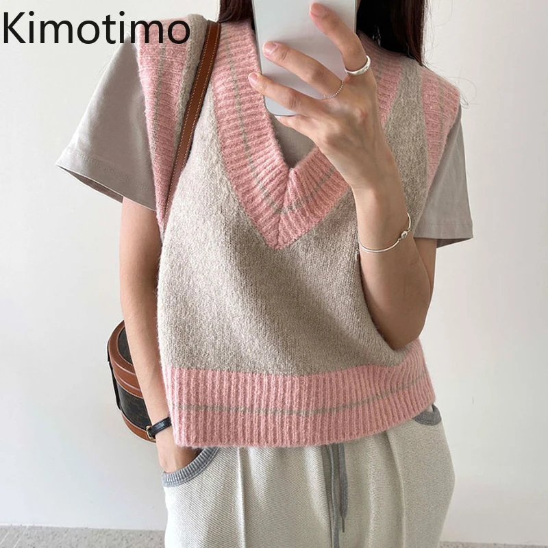 

Kimotimo Sweater Vest Women Korean Chic Simplicity All-match V-neck Pullover Autumn Winter Overlap Sleeveless Knit Waistcoat
