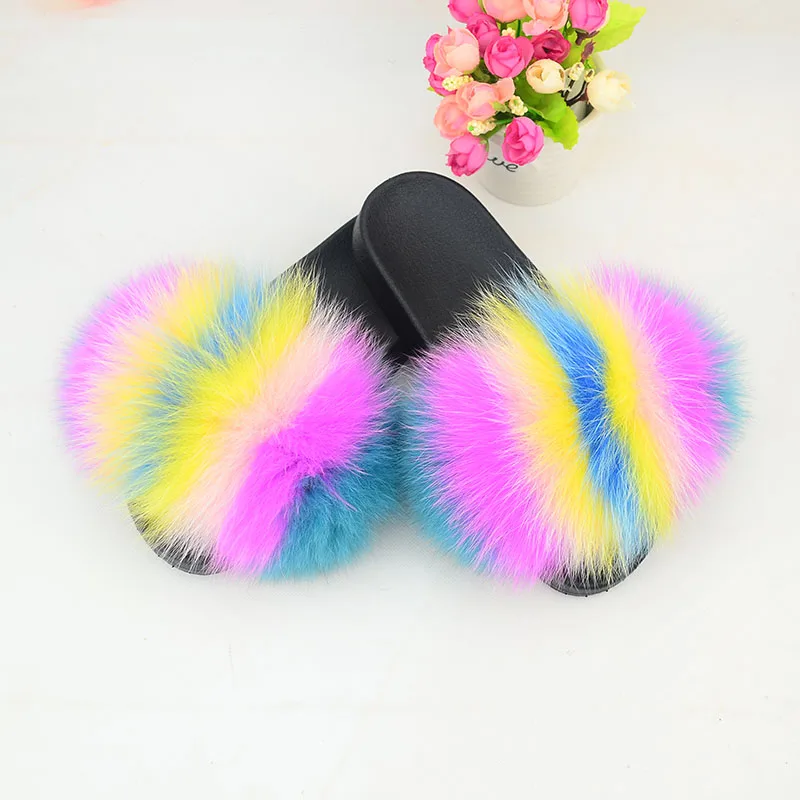 Женские меховые шлепанцы натуральный Лисий мех пикантные сандалии пушистые