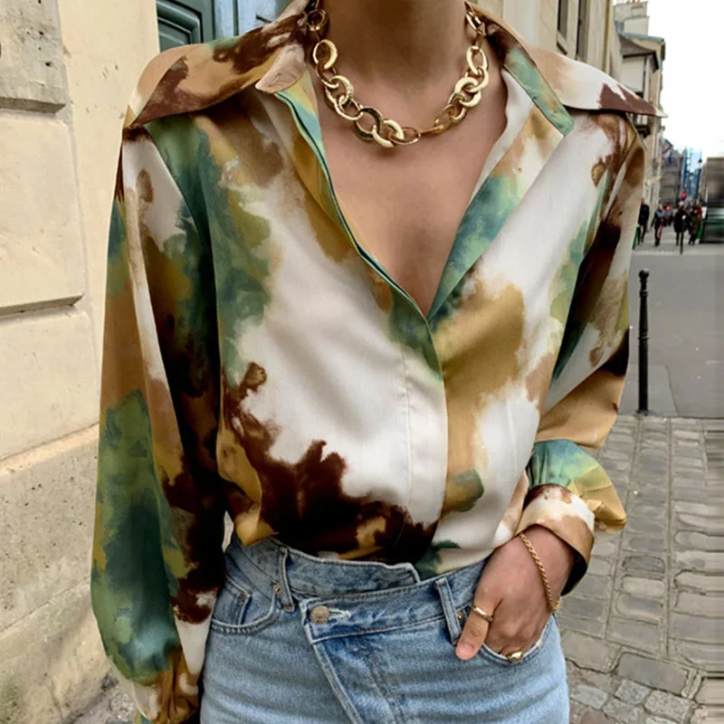 

Women's shirt 2021 new lapel single-breasted fashionable ink printing loose casual long-sleeved shirt top