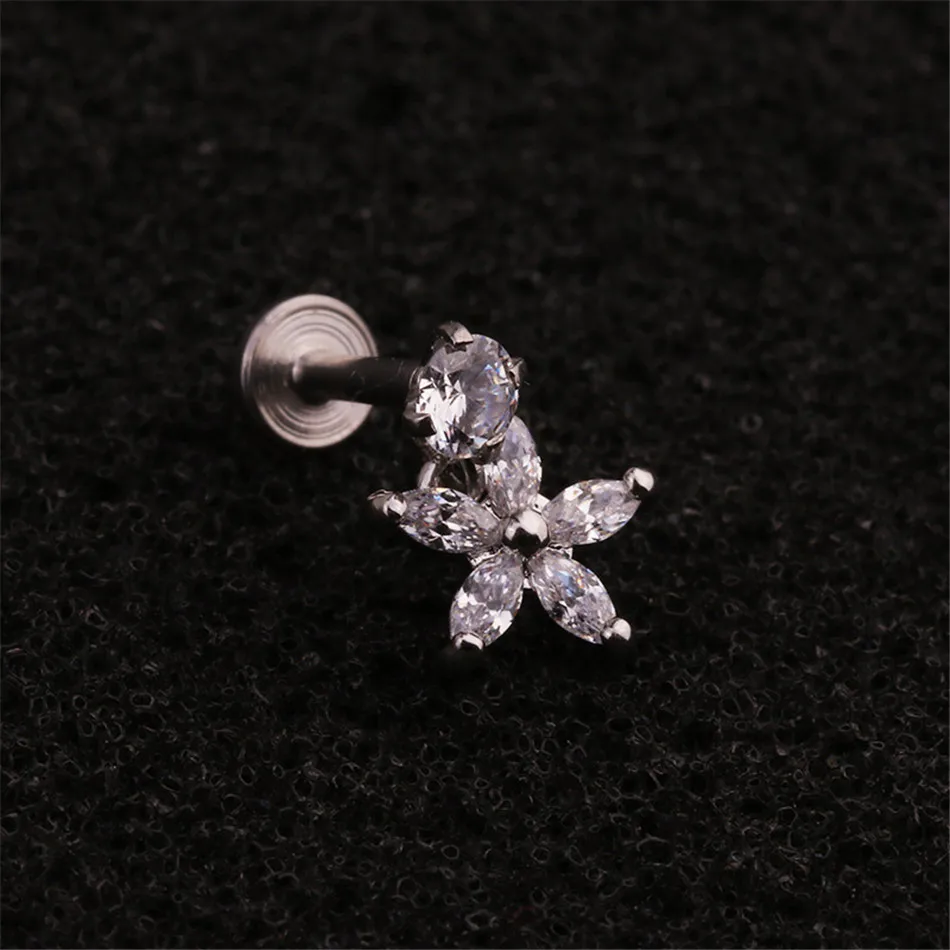 Персонализированная подвеска из нержавеющей стали с цирконом, украшенная стразами в виде цветка, для прокола губы или ушной хрящик, украшение для уха.