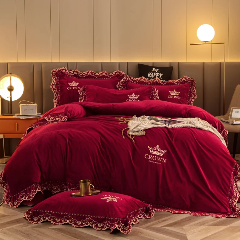 Красная корона вышивка зимний бархатный фланелевый флисовый кружевной комплект