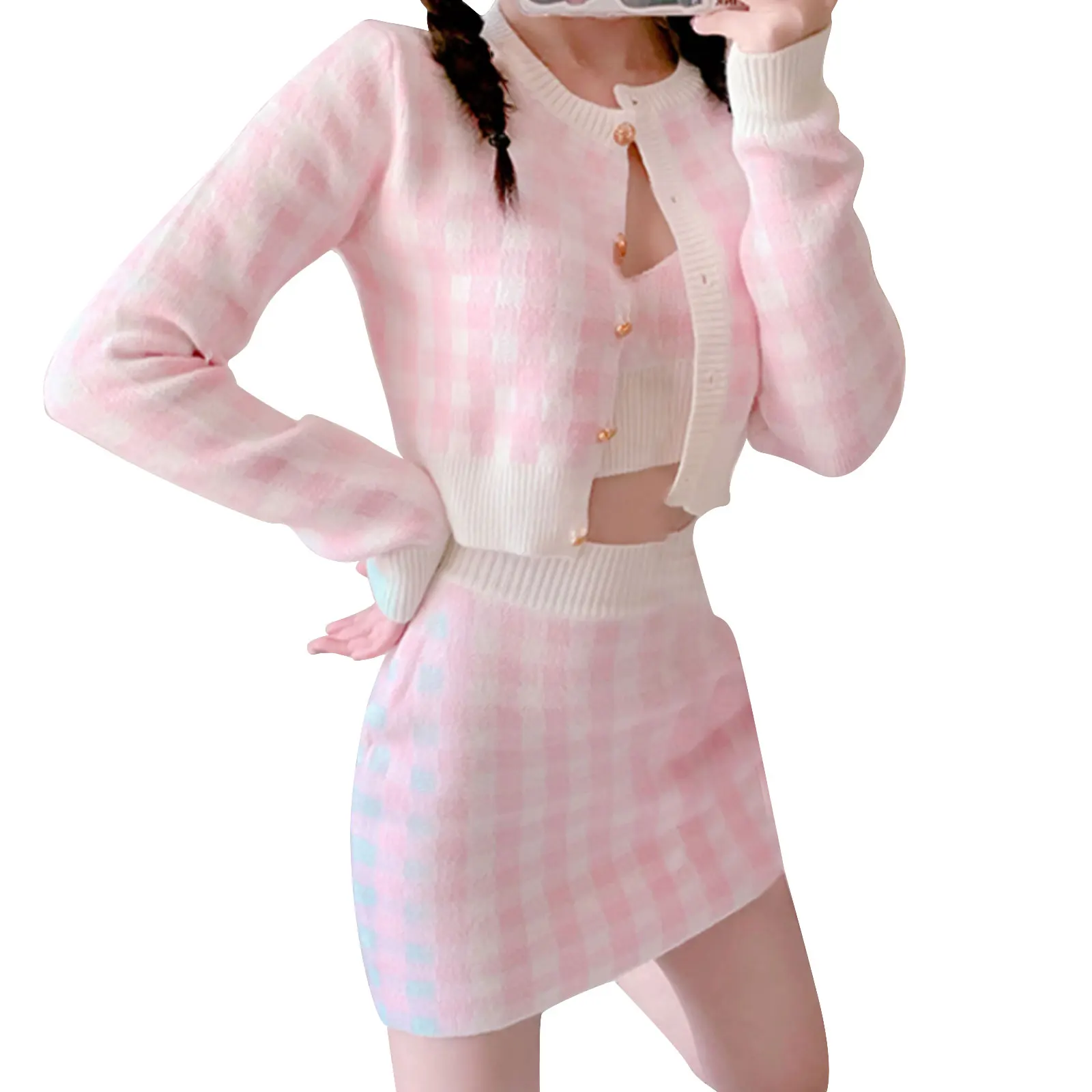 

Ladies Breathable Leisure Suit Women Autumn Plaid Long Sleeve Single-breasted Knitted Tops + Short Bust Skirt + Camisole