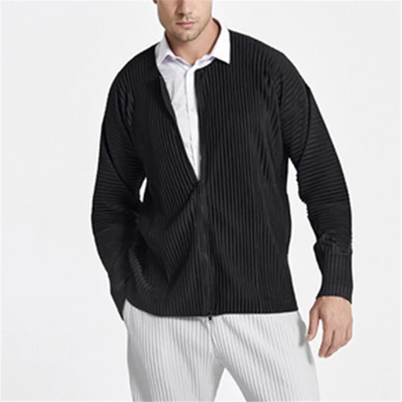 

Miyake-Men's Pleated Jacket Summer New Style 2021 Pure Color Fashion Comfortable Loose Plus Size Casual Top Men's All-match