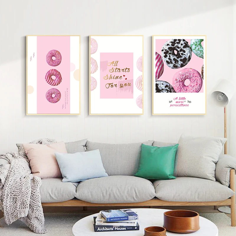 

Розовые конфетные пончики, скандинавский Картина на холсте, милый красивый Настенный декор, постер с буквами для гостиной, комнаты для дево...