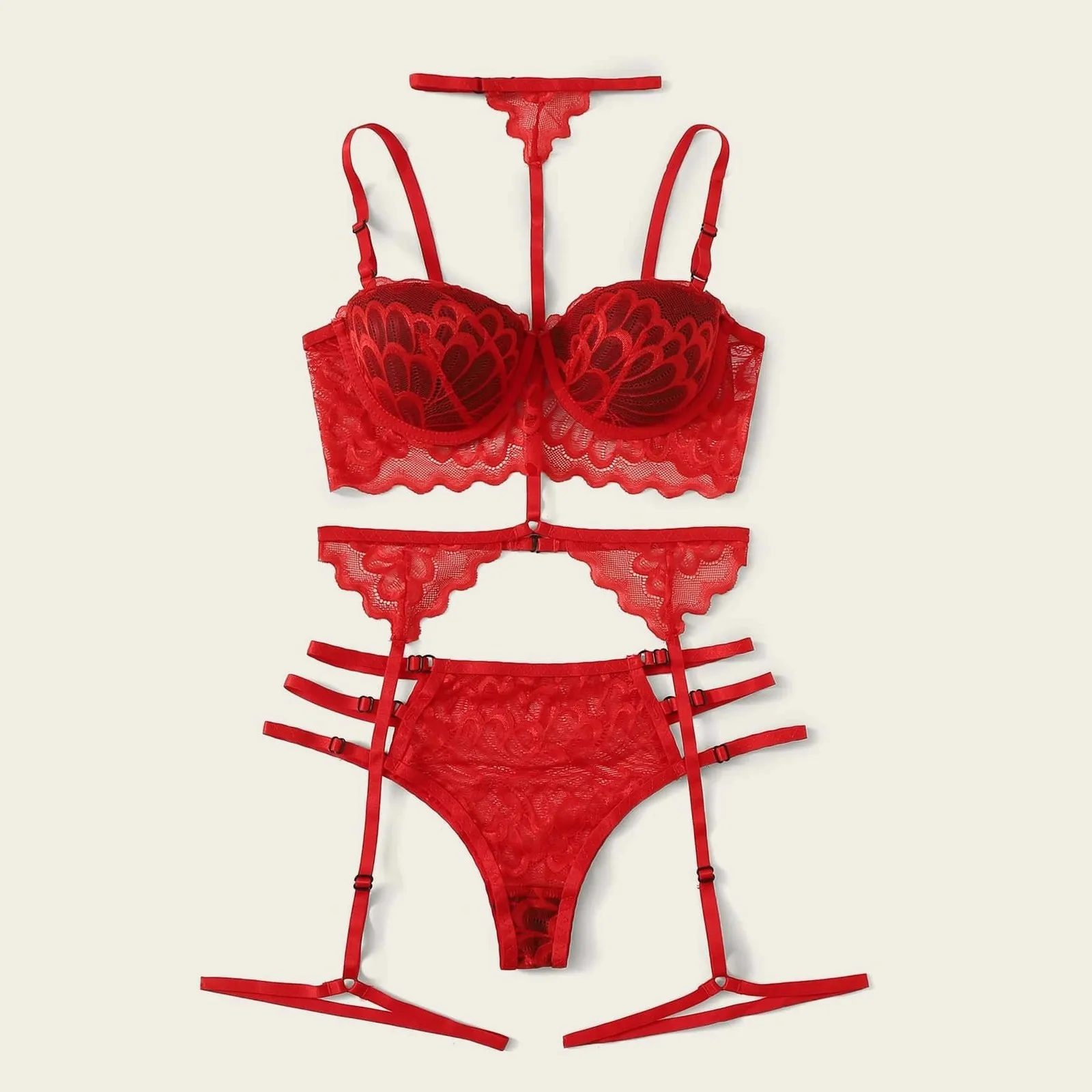 

Sexy Petal Embroidery Trim Floral Lace Garter Lingerie Set Women Bralettes Intimates 2021 Bra And Thongs Ladies Sexy Sets