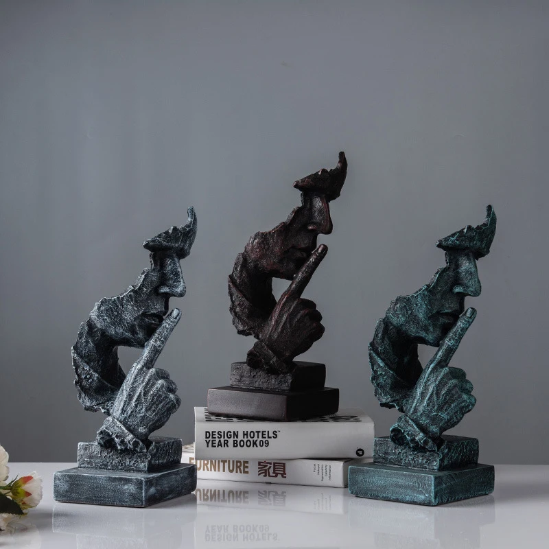 1PC Nordic Abstract Silence Is Gold Statue Resin Sculpture Figurine Office Home Decoration Modern Art Office Desk Ornament Gifts