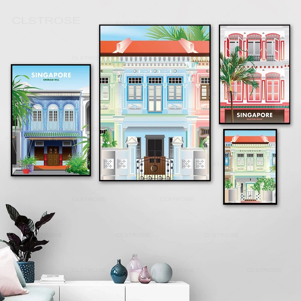 Сингапур путешествия мультфильм постер Shophouse печать фотографии | Отзывы и видеообзор