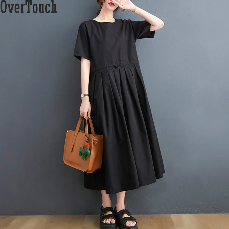 

2021 Regular Size Summer Dress Belts Women Sundress Patchwork Solid Loose Big Casual Female Short Sleeve Long Dress