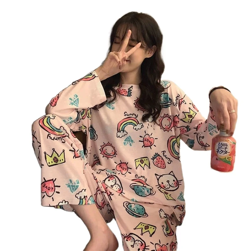 

Pajamas for Women's Early Autumn New Long-sleeved Trousers Sleep Wear Cotton Cartoon Cute Spring Thin Sweet Home Service Suit