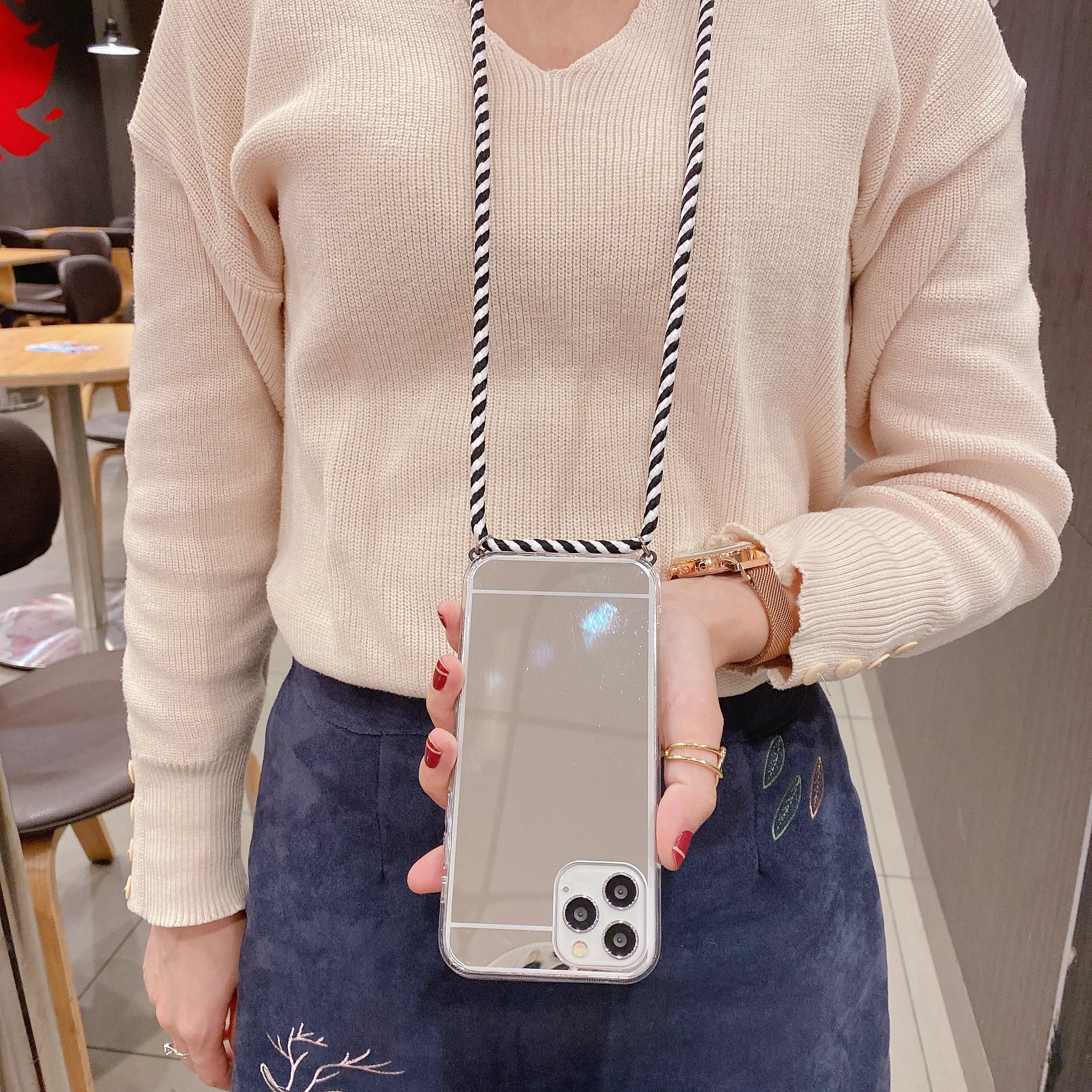 phonecase Fashion Make Up Mirror Phone Case for iPhone 12 Mini 11 Pro XS Max XR 7 8 Plus Necklace Cord Chain Hanging Rope Crossbody Cover peel case