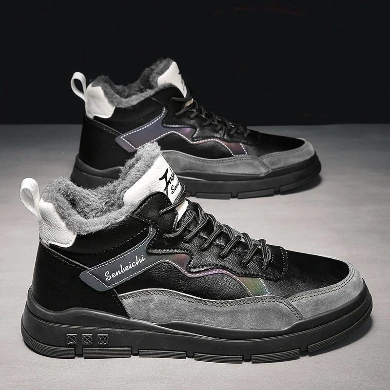 

New Designer Winter Men Leather Casual Shoes Boots Fashion Warm Sneakers Plush Inside Leisure Flat Shoes Boots