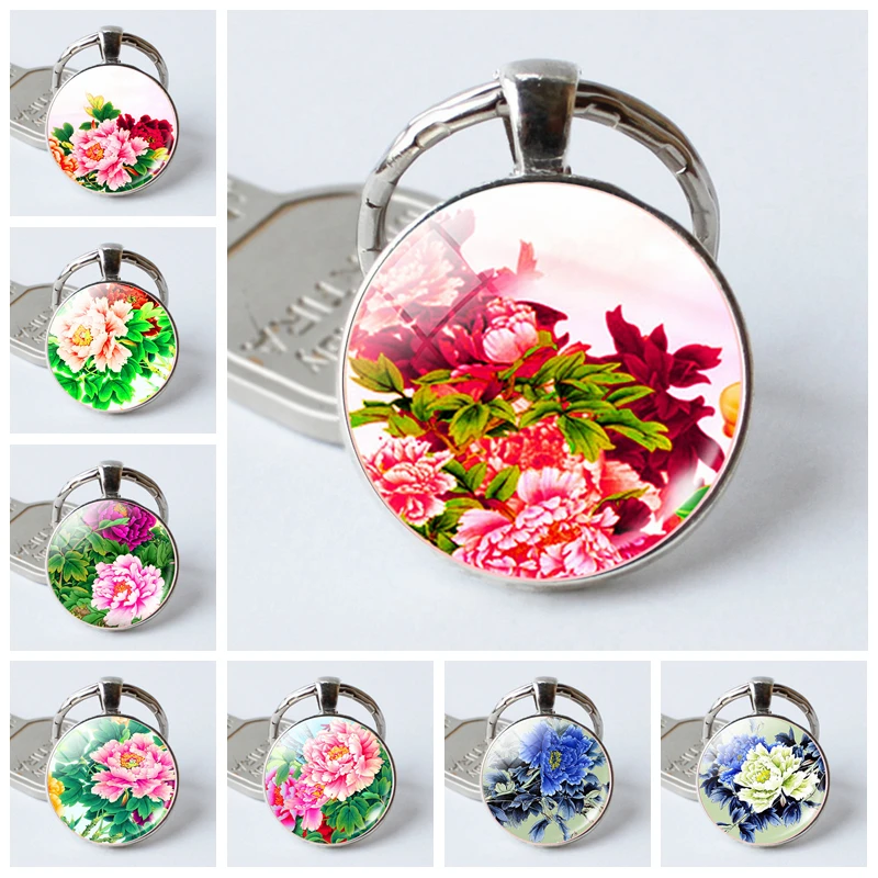 2020 популярный брелок для ключей с китайской живописью пион цветы выпуклый