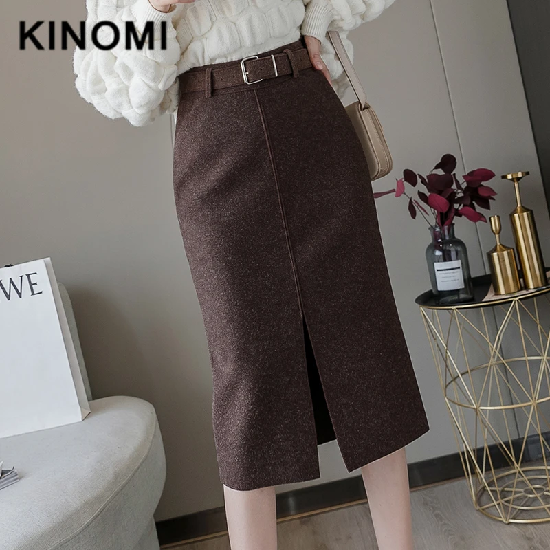 KINOMI Осень зима Женские винтажные шерстяные юбки миди с поясом высокая талия