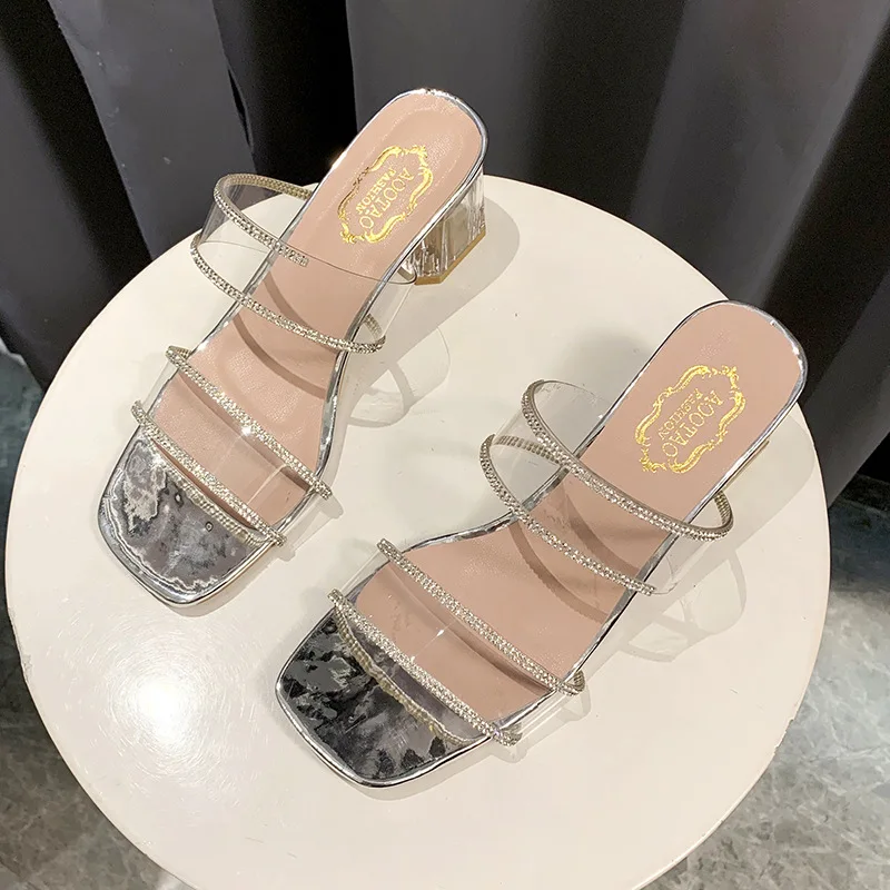 

2021 New Sandals and Slippers Women's Sexy Rhinestone Pvc with Ladies Slippers In A Straight-line Fashion