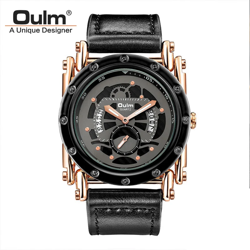 Gold Oulm новые крутые Панк мужские часы Полный календарь водонепроницаемые винтажные кожаные кварцевые мужские повседневные часы с коробкой erkek kol saati - Цвет: Gold