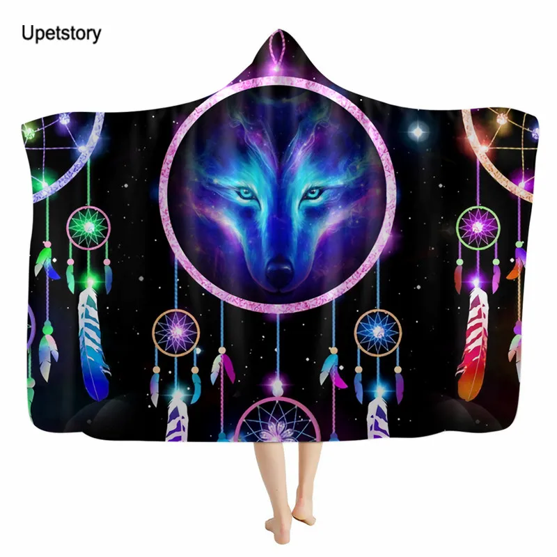 

Upetstory в стиле «Ловец снов»; С изображением волка 3D балахон Одеяло из ткани шерпа пледы Одеяло s со шляпой, детская и взрослая носимых Одеяло