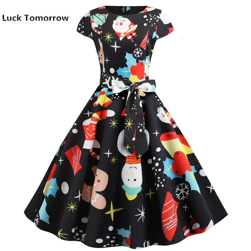 Повседневные Черные рождественские платья с принтом Санты размера плюс 50s 60s