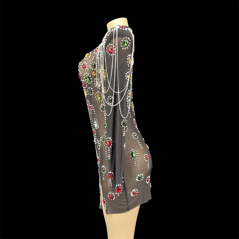 Новый дизайн черное Сетчатое мини-платье с цветными кристаллами сексуальное