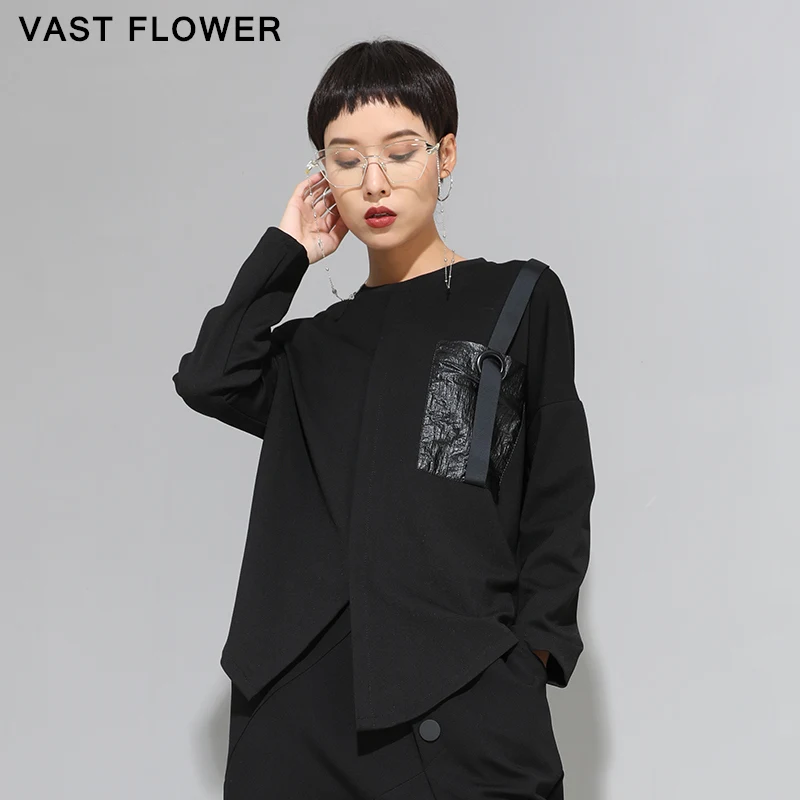 Женские Асимметричные Разделение черная футболка размера плюс с длинными