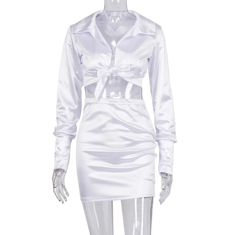 

New Autumn 2020 Lapel Tie Deep V Neck Long Sleeve Top and Skirt Suit Two Piece Set Women Lounge Wear Skirt and Top Set
