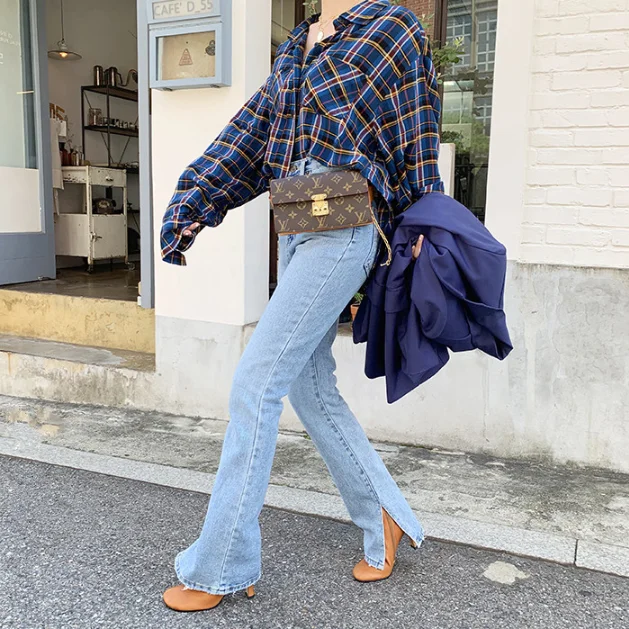 Весна 2020 модные женские джинсы с завышенной талией разрезом сбоку длинные брюки