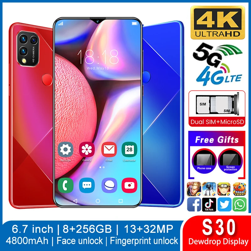 

New S30 6.7 Inch 8+256GB Face Unlock Smartphones Dual SIM 13+32MP 4800mAh Mobile Phone Fingerprint ID 5G Network Andriod Phone
