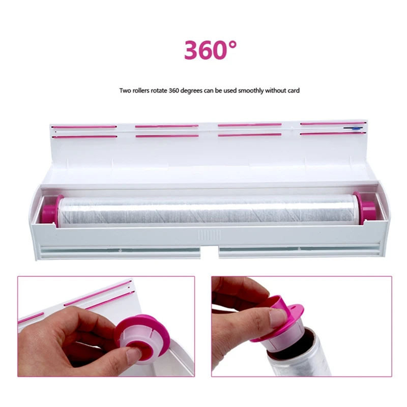 

New Plastic Kitchen Stainless Steel And Cling Film Wrap Dispenser Cutter Storage Preservative Film Roll Case With Cutting Blade