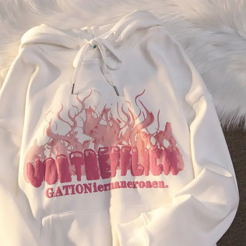 

Retro Letter Printed Hooded Sweatshirt Male and Female Students Autumn and Winter All-match Jacket Lovers Clothes for Teens Goth