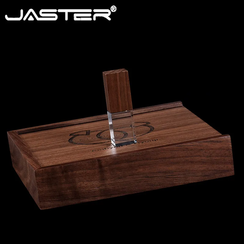 

JASTER USB2.0 walnut wood box (170 * 170) flash disk crystal pen drive 4G 8G 16G 32G 128GB 64G U disk wedding commemorative gift