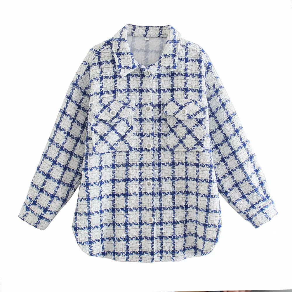 

DiYiG WOMAN 2021 early autumn new women's clothing Korean style casual lapel pocket decoration blue and white plaid woolen coat