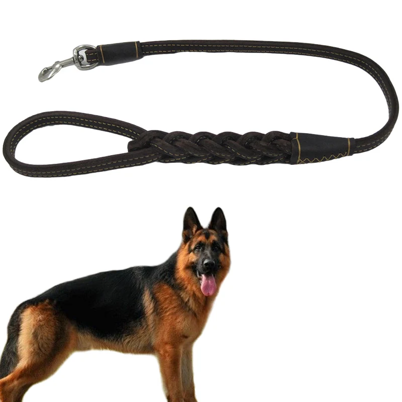 

Large Dog Leash Short One step traction rope Braided Real Leather Big dog Walking Leashes 80cm Lead for German Shepherd dogs